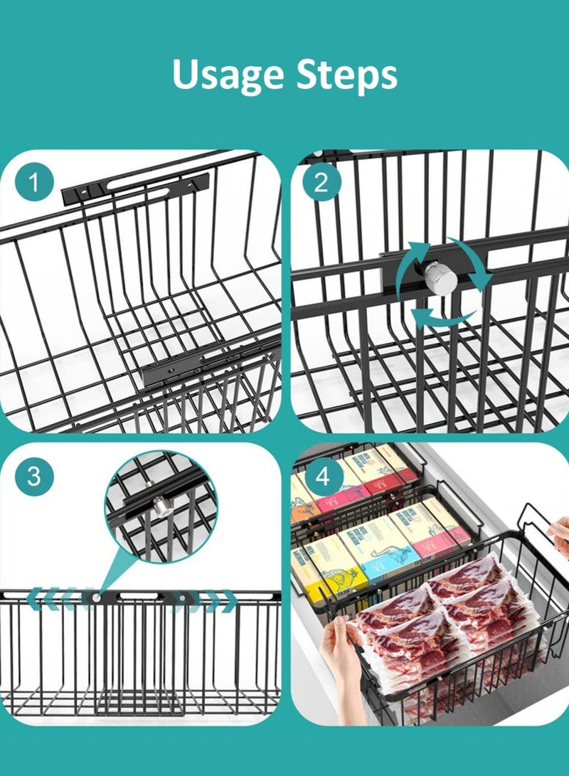 قطعتان من رفوف تنظيم الفريزر، قابلة للتمدد، صناديق تنظيم كبيرة وعميقة للفريزر، قابلة للتكديس والتعديل، تناسب الفريزرات الأفقية من 10 إلى 20 قدم مكعب، تخزين المطبخ، تنظيم المنزل، رفوف تنظيم المتاجر الكبرى، أسود - Image 5